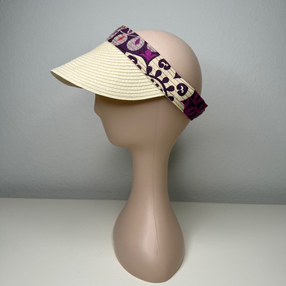 Vera Bradley Visor Plum Crazy Cream Purple Floral Straw Quilted Sun Hat Boho OS
